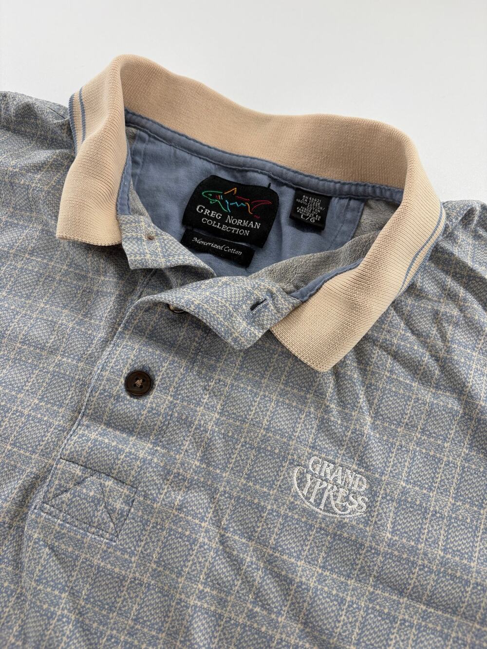Vintage 90s Greg Norman Grand Cypress Rugby Polo Mens L Blue Plaid Cotton